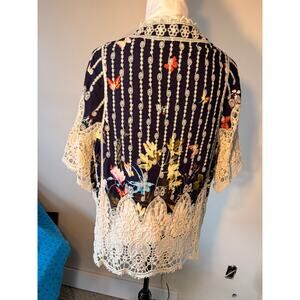 Blue Navy RAJ Floral Kimono Cardigan Duster Ivory Lace Bell Sleeves Bohol (316)